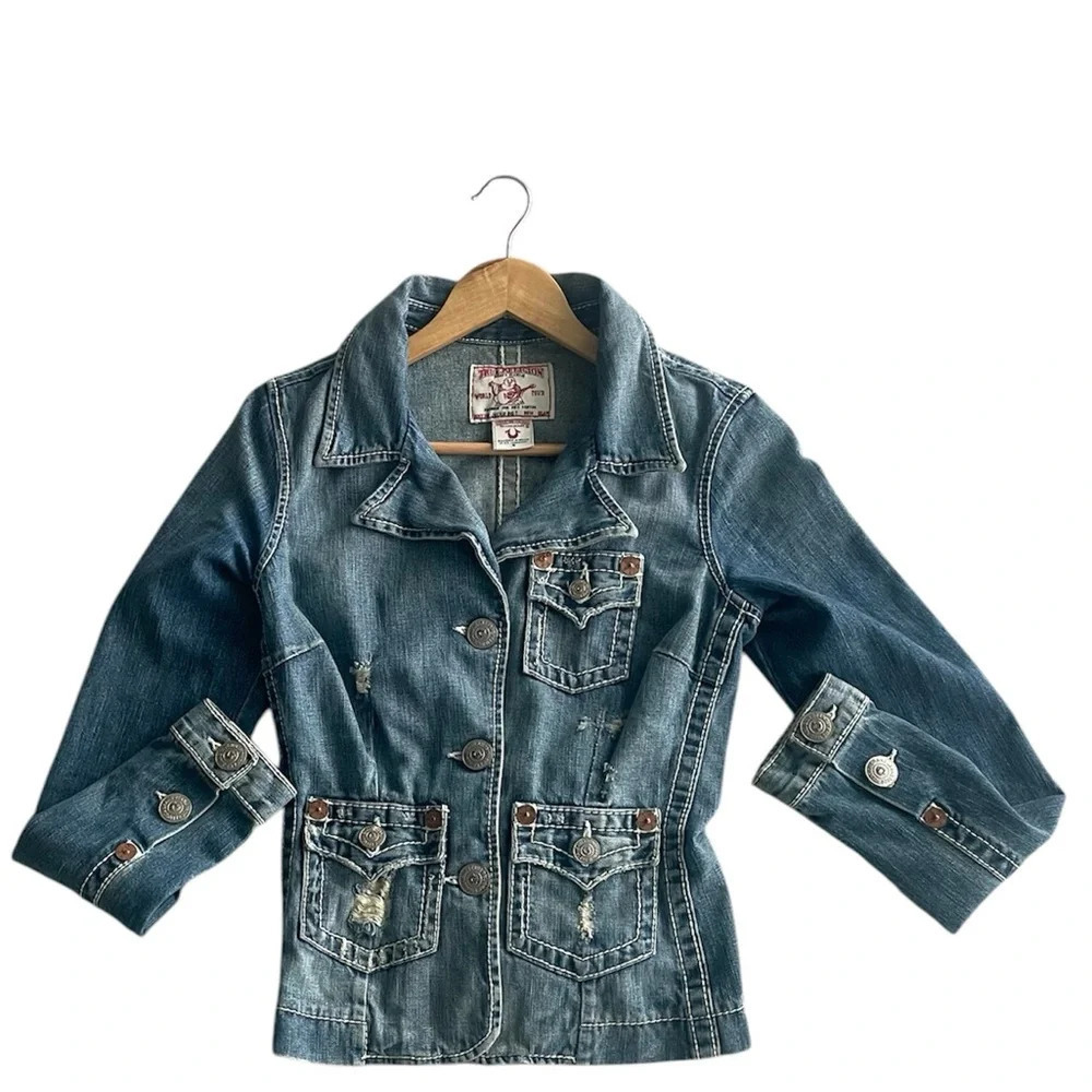 Vintage Early 2000s (Y2K) True Religion Distressed Moto Blue Denim Jacket